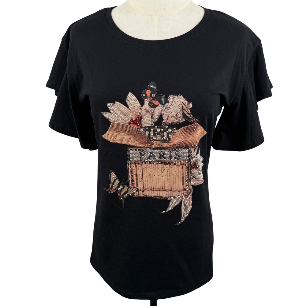 Vinizbena M T Shirt Black Mixed Media Paris Rhinestone Flutter Sleeve Artsy Tee